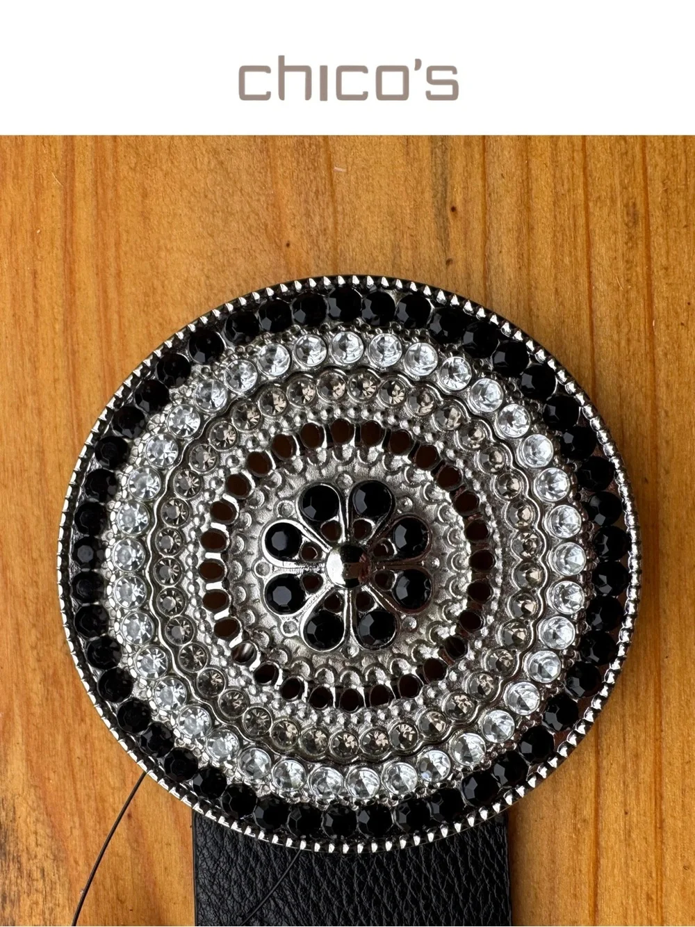 Chico’s Daze Black Leather Slouch Belt Rhinestone Statement Buckle NWT 30”-34”